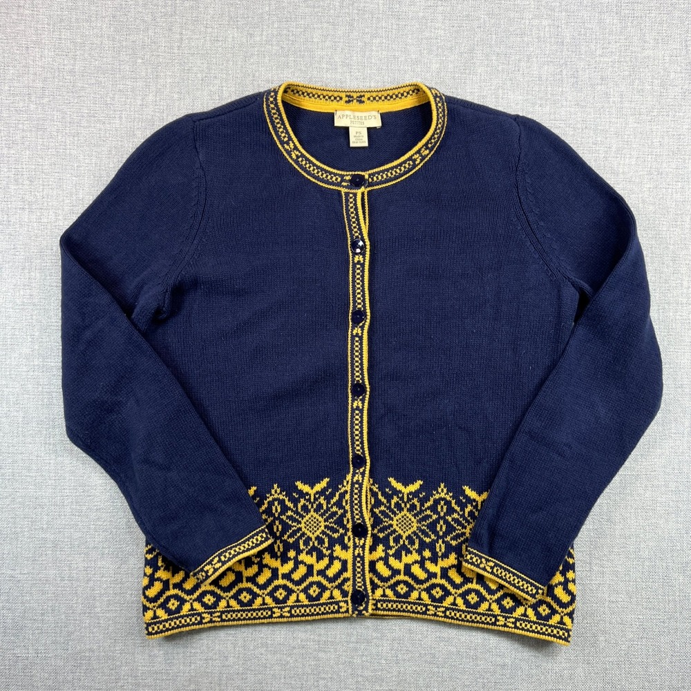 Appleseed's Petites Fair Isle Knit Button Cardigan Women PS Navy Yellow Nordic